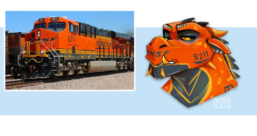 absurd_res blue_background bnsf dragon ear_piercing electro-motive-diesel emd_sd75 hi_res horn how_to_dragon_your_train humanoid hybrid living_machine living_train living_vehicle locomorph locomotive machine male markings metricvoid orange_body orange_eyes piercing simple_background solo spikes train tusks vehicle yellow_markings