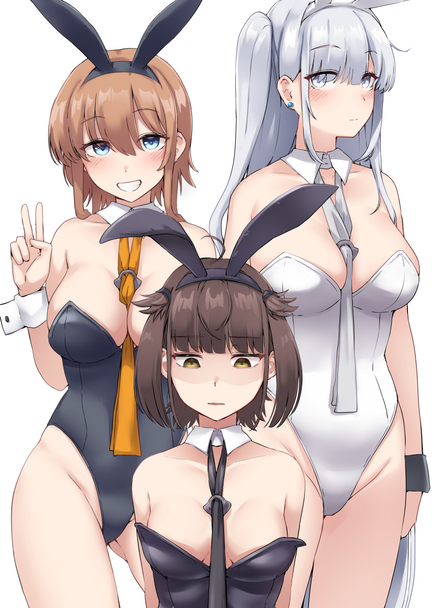 3girls absurdres animal_ears ass black_leotard black_neckerchief blue_eyes blush breast_envy breasts brown_hair closed_mouth detached_collar ear_piercing fake_animal_ears fuyutsuki_(kancolle) grey_hair grey_neckerchief grin groin hair_between_eyes hair_flaps hatsuzuki_(kancolle) highres kantai_collection kiritto leotard long_hair medium_breasts multiple_girls neckerchief one_side_up orange_neckerchief piercing rabbit_ears short_hair simple_background smile strapless strapless_leotard teruzuki_(kancolle) v white_background yellow_eyes