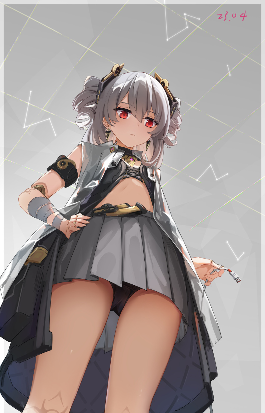 1girl absurdres armband bandaged_arm bandages bare_shoulders black_panties black_skirt black_underwear breasts bronya_zaychik closed_mouth coat cowboy_shot crop_top dated drill_hair earrings ejieaa grey_background grey_hair grey_skirt hair_between_eyes hand_on_own_hip highres holding honkai_(series) honkai_impact_3rd jewelry long_hair looking_at_viewer looking_down midriff miniskirt navel panties pleated_skirt prometheus_(honkai_impact) red_eyes shirt skirt sleeveless sleeveless_jacket solo standing thighs twin_drills twintails underwear upskirt white_hair