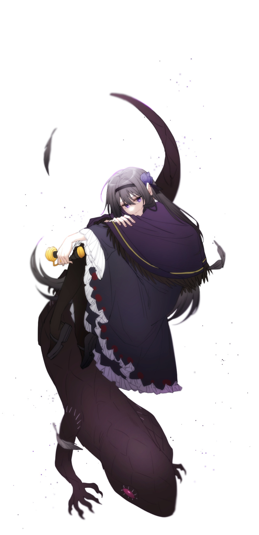 1girl akemi_homura black_dress black_feathers black_hair black_hairband black_pantyhose blunt_bangs closed_mouth dress feathers fingernails frilled_dress frills full_body hairband hand_on_own_arm highres holding holding_phone lizard long_hair long_sleeves looking_at_viewer mahou_shoujo_madoka_magica mahou_shoujo_madoka_magica:_hangyaku_no_monogatari mamasna_(mattna_mmm) pantyhose phone purple_eyes simple_background smile solo white_background