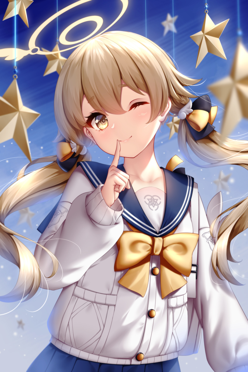 1girl absurdres blue_archive blue_sailor_collar blue_skirt blush bow bowtie breasts brown_eyes buttons halo hifumi_(blue_archive) highres light_brown_hair long_hair long_sleeves looking_at_viewer low_twintails one_eye_closed pleated_skirt sailor_collar shirt skirt small_breasts smile solo twintails white_shirt wing_hair_ornament wsman yellow_bow