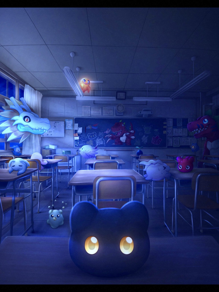 6+others airdramon blue_eyes bubbmon chalkboard chibimon classroom closed_eyes curtains desk digimon digimon_(creature) dragon highres indoors kuramon looking_at_viewer mochimon multiple_others no_humans nyokimon pacifier petimeramon pitchmon poromon punimon red_eyes sayuri_d_(liliana86973943) school_desk tokomon tyranomon wings yellow_eyes