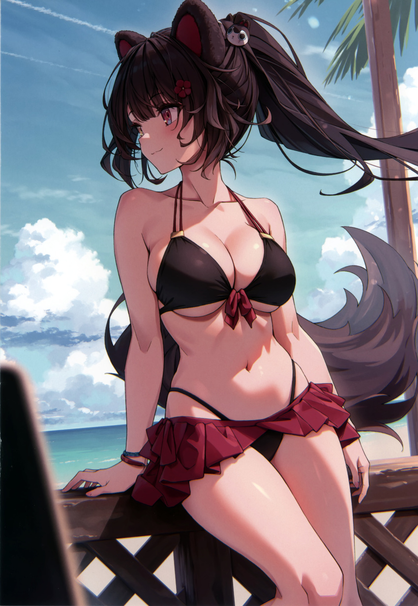 1girl absurdres animal_ears arm_support bare_shoulders bikini bikini_skirt bracelet breasts brown_hair cleavage closed_mouth cloud cloudy_sky collarbone day fingernails hair_bobbles hair_ornament hairclip heterochromia high_ponytail highleg highleg_bikini highres inui_toko jewelry kuro-kun_(nablack) large_breasts long_hair navel nijisanji ocean outdoors ponytail red_eyes scan shiny_skin simple_background sky smile solo stomach swimsuit tail thighs water yellow_eyes