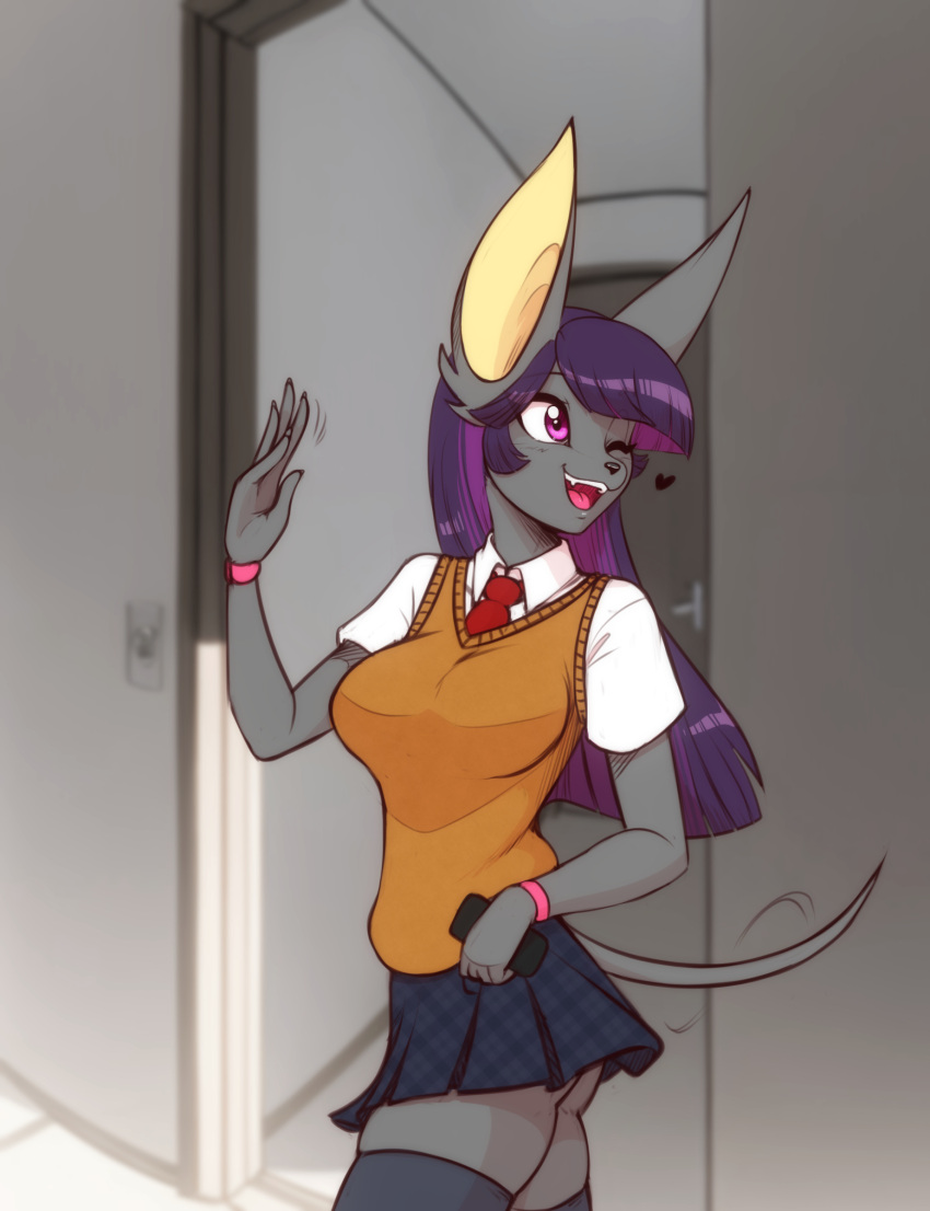 &lt;3 absolute_territory absurd_res anthro big_breasts breasts canid canine canis cellphone clothing female gesture hi_res jackal legwear mammal one_eye_closed open_mouth open_smile phone school_uniform scorpdk smile solo thigh_highs uniform waving wink