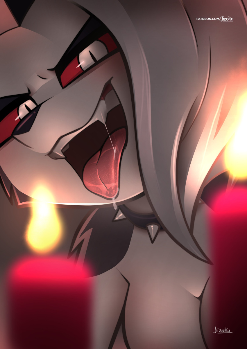 absurd_res anthro breasts candle candlelight canid canid_demon collar demon female hellhound helluva_boss hi_res jizoku light looking_at_viewer loona_(helluva_boss) mammal nude solo tongue tongue_out