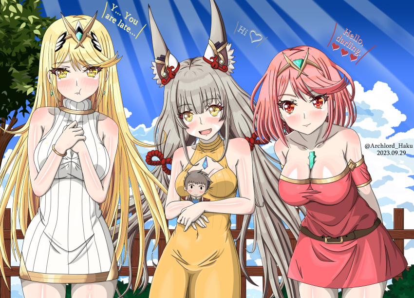 3girls animal_ear_fluff animal_ears archlord_haku artist_name blonde_hair breasts character_doll chest_jewel commentary_request cowboy_shot dated dress english_text fangs fence highres long_hair looking_at_viewer multiple_girls mythra_(xenoblade) nia_(xenoblade) open_mouth pout pyra_(xenoblade) red_hair rex_(xenoblade) tree wooden_fence xenoblade_chronicles_(series) xenoblade_chronicles_3 xenoblade_chronicles_3:_future_redeemed yellow_eyes