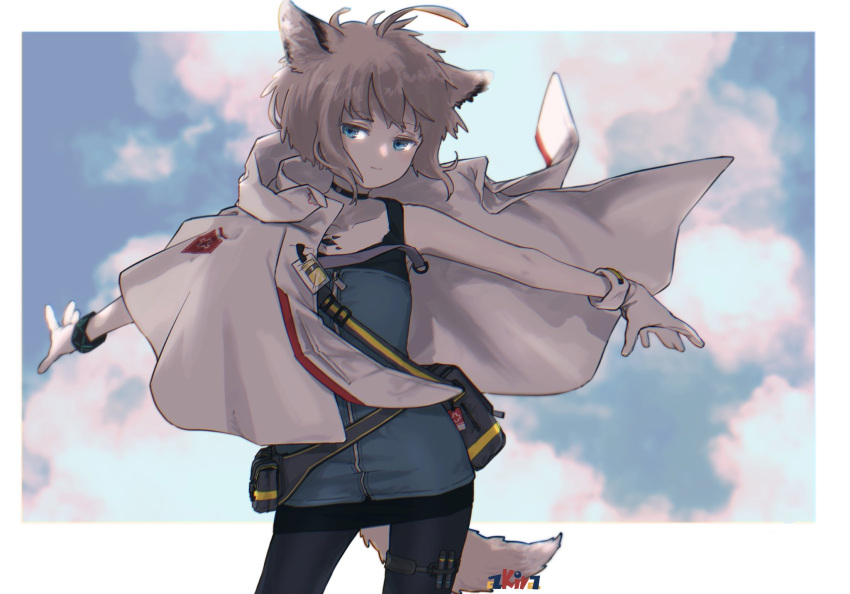 1girl ahoge animal_ears arknights artist_name bag black_choker black_pantyhose black_skirt blue_eyes blue_sky border bracelet choker chromatic_aberration closed_mouth cloud cloudy_sky collarbone commentary contrapposto cowboy_shot cross fanny_pack floating_hair fox_ears fox_girl fox_tail gloves half-closed_eyes highres hood hood_down hooded_jacket infection_monitor_(arknights) jacket jacket_on_shoulders jewelry light_blush light_smile looking_at_viewer miniskirt niwatori_(akira_207) oripathy_lesion_(arknights) outside_border outstretched_arms pantyhose red_cross shirt short_hair shoulder_bag skirt sky sleeveless sleeveless_shirt solo spaghetti_strap spread_arms sussurro_(arknights) tail thigh_strap white_border white_gloves white_jacket wind zipper