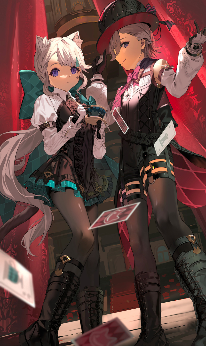1boy 1girl animal_ears aqua_bow black_gloves black_headwear blonde_hair boots bow bowtie brother_and_sister card cat_ears cat_girl cat_tail coattails commentary_request corset cross-laced_footwear cup curtains facial_mark facial_tattoo frilled_leotard frills genshin_impact gloves grey_hair hat hat_tip highres holding holding_cup huge_bow lace-up_boots leotard long_hair long_sleeves looking_at_viewer lynette_(genshin_impact) lyney_(genshin_impact) miniskirt motto_(night_wear) multicolored_clothes multicolored_gloves pale_skin pantyhose pink_bow pink_bowtie playing_card purple_eyes ribbon shine shirt short_hair siblings skirt sleeveless smile star_(symbol) star_facial_mark star_tattoo tail tattoo tea teacup top_hat two-tone_gloves white_shirt