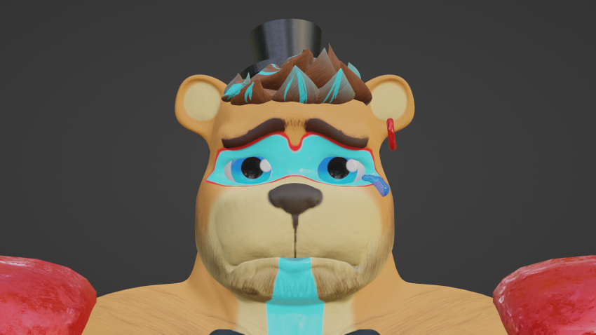 3d_(artwork) anthro bear big_iris blender_(software) blender_eevee bodily_fluids body_hair bodypaint broad_shoulders brown_body brown_fur brown_hair clothing codans digital_media_(artwork) ear_piercing face_paint facial_hair five_nights_at_freddy's five_nights_at_freddy's:_security_breach fur glamrock_freddy_(fnaf) grey_background hair hat headgear headwear hi_res male mammal meme muscular muscular_male piercing sad scottgames shoulder_pads simple_background solo steel_wool_studios stubble tears top_hat