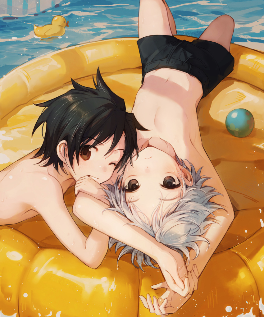 2boys absurdres ball black_hair brown_eyes clenched_teeth commentary_request frown gon_freecss grey_eyes grey_hair hair_down highres hunter_x_hunter kiko killua_zoldyck looking_at_viewer lying male_focus multiple_boys on_back one_eye_closed pool rubber_duck shorts smile teeth topless_male water wet