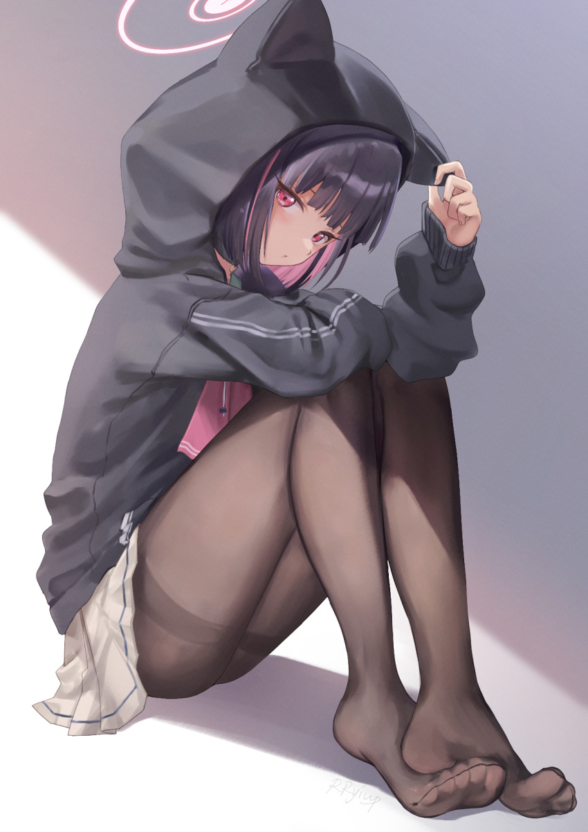 1girl animal_ear_hood artist_name black_choker black_hair black_jacket black_pantyhose blue_archive blush choker colored_inner_hair full_body halo highres hood hood_up hooded_jacket jacket kazusa_(blue_archive) long_sleeves looking_at_viewer multicolored_hair pantyhose parted_lips pink_hair pink_halo red_eyes rryiup short_hair signature solo