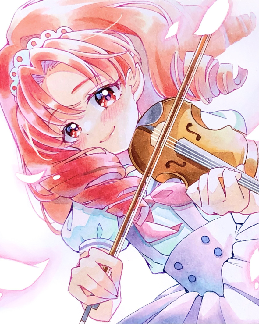 1girl absurdres akagi_towa blush buttons dress drill_hair dutch_angle go!_princess_precure highres holding holding_bow_(music) holding_instrument instrument lilylily0601 long_hair looking_at_viewer music parted_bangs playing_instrument precure puffy_short_sleeves puffy_sleeves red_eyes red_hair short_sleeves smile solo tiara violin white_background