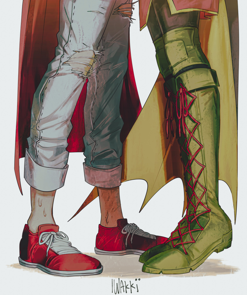 2boys absurdres artist_name cape commentary couple damian_wayne dc_comics denim english_commentary feet_only green_footwear height_difference highres implied_kiss implied_yaoi iwakki jeans jonathan_kent kiss lower_body multiple_boys pants red_cape red_footwear robin_(dc) standing super_sons superboy superhero sweat tiptoe_kiss tiptoes torn_clothes torn_jeans torn_pants yellow_cape