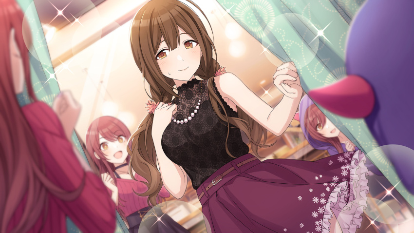 3girls ahoge alstroemeria_(idolmaster) bare_arms bare_shoulders belt breasts brown_eyes brown_hair choker clenched_hand curtain_grab curtains demon_hood fitting_room floral_print frilled_skirt frills hair_between_eyes hair_ornament hair_scrunchie highres hood horned_hood horns idolmaster idolmaster_shiny_colors idolmaster_shiny_colors_song_for_prism indoors jewelry kuwayama_chiyuki large_breasts long_hair looking_at_another low_twintails mirror multiple_girls necklace official_alternate_costume official_alternate_hairstyle official_art open_mouth osaki_amana osaki_tenka pearl_necklace scrunchie shirt skirt sleeveless sleeveless_shirt smile standing sweatdrop trying_on_clothes twintails