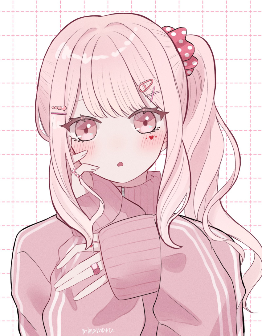 1girl :o akiyama_mizuki bandaid bandaid_on_hand blush commentary dot_nose fingernails hair_ornament hairpin hand_on_own_face heart high_side_ponytail highres jacket jewelry long_hair long_sleeves looking_at_viewer minacoco3755 multiple_hairpins open_mouth pink_eyes pink_hair polka_dot polka_dot_scrunchie project_sekai ring scrunchie side_ponytail simple_background solo swept_bangs track_jacket upper_body white_background