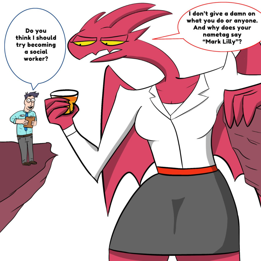 anthro arm_support beverage bottomwear breasts callie_maggotbone clothing comedy_central dave_(satina) delvin_inzane13 demon demon_dragon duo eye_contact fangs female half-closed_eyes hi_res holding_beverage holding_glass holding_object horn human larger_anthro larger_female long_neck looking_at_another looking_down lucia_(satina) macro male male/female mammal mark_lilly micro narrowed_eyes parody red_body red_skin satina_wants_a_glass_of_water shirt size_difference skirt smaller_human smaller_male social_worker speech_bubble spikes spikes_(anatomy) talking_to_another talking_to_partner teeth text thick_thighs topwear ugly_americans uniform wings yellow_eyes