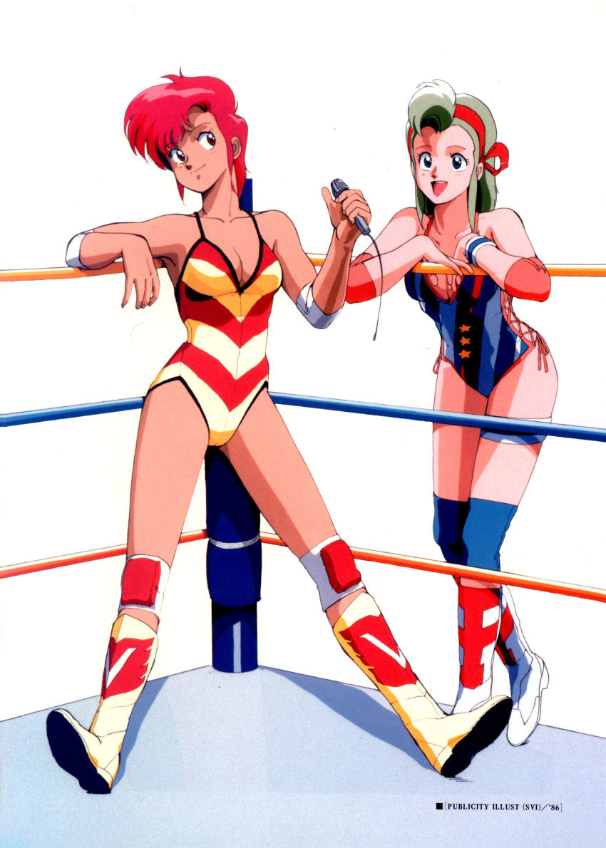 1980s_(style) 2girls absurdres arm_rest breasts elbow_pads full_body green_hair hair_ribbon highres kazama_eri kneehighs medium_hair morita_miki multiple_girls official_art open_mouth red_hair red_ribbon retro_artstyle ribbon scan scan_artifacts short_hair socks sonoda_ken'ichi sportswear spread_legs standing third-party_source wanna-be's wrestling_outfit wrestling_ring