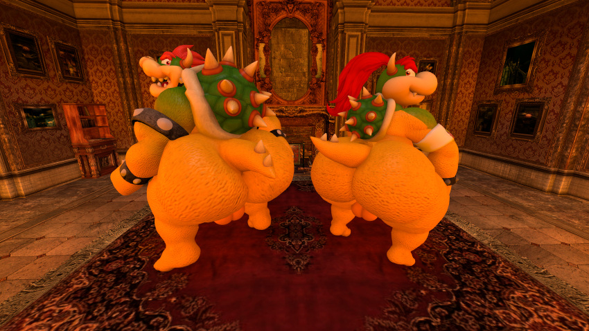 anthro balls bandanna big_butt bowser bowser_jr. butt carpet collar crouching dragon duo father_(lore) father_and_child_(lore) father_and_son_(lore) genitals hi_res huge_butt kerchief koopa looking_back male mario_bros metal_collar nintendo nude parent_(lore) parent_and_child_(lore) parent_and_son_(lore) penis rear_view reptile scalie son_(lore) tecbuttlovefa thick_thighs turtle wide_hips