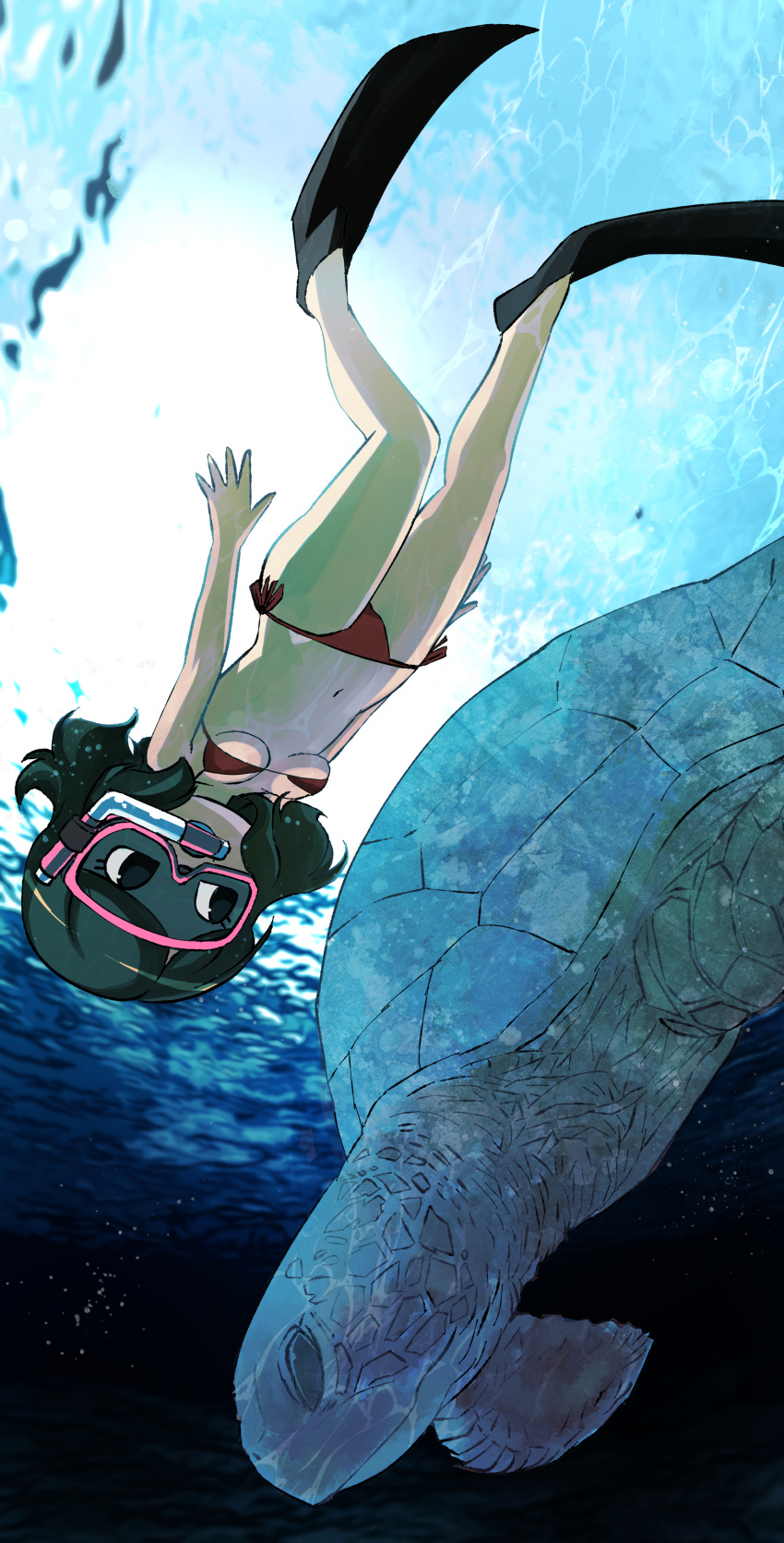 1girl absurdres animal animal_crossing bare_arms bare_shoulders bikini black_eyes black_footwear black_hair breasts cleavage flippers goggles highres muramasa_mikado navel red_bikini scuba_gear sea_turtle short_hair side-tie_bikini_bottom small_breasts solo swept_bangs swimsuit turtle underboob underwater villager_(animal_crossing)