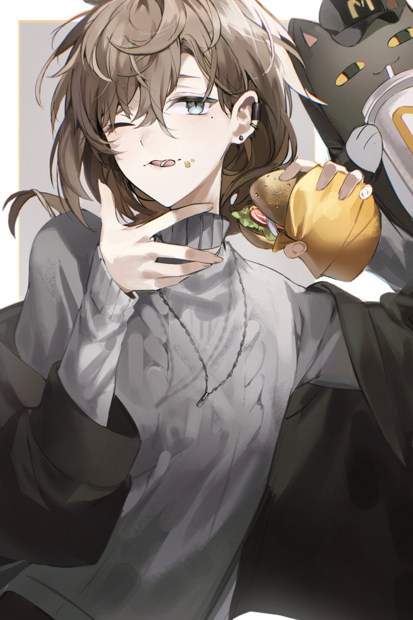 1boy black_border black_jacket blue_eyes border brown_hair burger ear_piercing earclip earrings eating food grey_background grey_sweater hair_between_eyes hand_to_own_mouth highres holding holding_food jacket jewelry kanae_(nijisanji) licking_lips long_hair long_sleeves looking_at_viewer low_ponytail male_focus mcdonald's mellowone mole mole_under_eye necklace nijisanji off_shoulder one_eye_closed piercing roto_(kanae) simple_background solo stud_earrings stuffed_animal stuffed_cat stuffed_toy sweater tongue tongue_out turtleneck turtleneck_sweater upper_body virtual_youtuber white_border