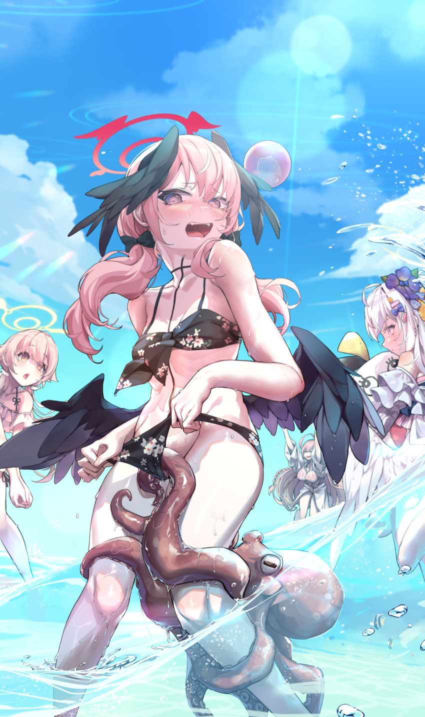 4girls :d ahoge animal azusa_(blue_archive) azusa_(swimsuit)_(blue_archive) ball bare_shoulders beach beachball bikini bikini_pull bikini_under_clothes black_bikini blonde_hair blue_archive blue_sky blush bow breasts closed_mouth clothes_pull cloud collarbone day feathered_wings flower food-themed_hair_ornament frilled_bikini frills groin hair_between_eyes hair_bow hair_flower hair_ornament halo hanako_(blue_archive) hanako_(swimsuit)_(blue_archive) hifumi_(blue_archive) hifumi_(swimsuit)_(blue_archive) highres koharu_(blue_archive) koharu_(swimsuit)_(blue_archive) leg_grab long_hair low_wings make-up_work_club_(blue_archive) multiple_girls navel octopus open_mouth outdoors peroro_(blue_archive) pink_bikini pink_eyes pink_hair pink_halo pulled_by_another see-through see-through_shirt shirt sky small_breasts smile spaghetti_strap standing stuffed_animal stuffed_bird stuffed_toy swimsuit tentacles wading water watermelon_hair_ornament wei_yu wet wet_clothes wet_shirt white_bikini white_hair white_wings wings