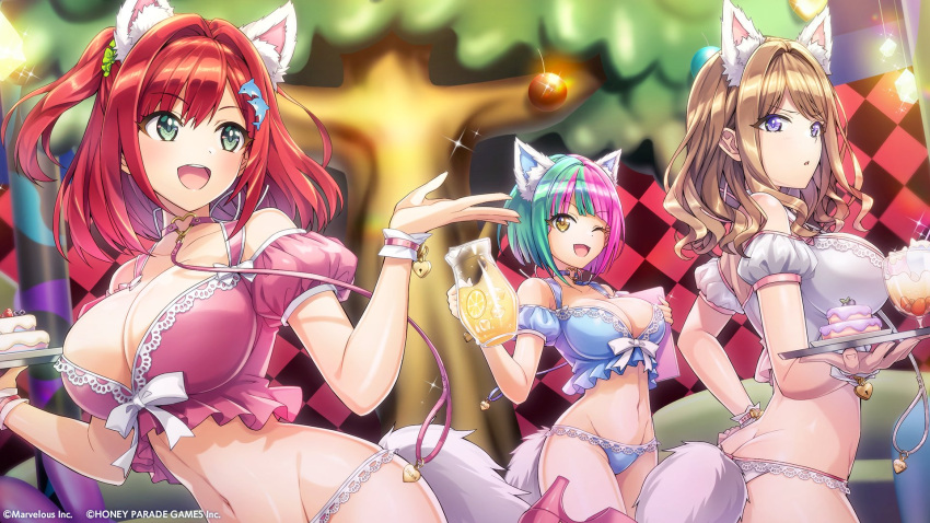 3girls animal_ears bikini breasts brown_hair choker cleavage dolphin_wave fake_animal_ears fake_tail green_eyes green_hair hair_ornament hairclip hand_on_own_hip helly_lewis highres holding holding_tray huge_breasts multiple_girls navel official_art one_eye_closed ootomo_takuji open_mouth puffy_short_sleeves puffy_sleeves purple_eyes purple_hair red_hair sakimiya_iruka short_hair short_sleeves side_ponytail suminoe_shion swimsuit tail tray wrist_cuffs yellow_eyes