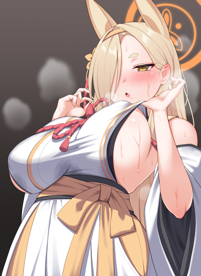 1girl absurdres animal_ears blonde_hair blue_archive blush breasts chestnut_mouth detached_sleeves fox_ears hair_over_one_eye hairband halo highres japanese_clothes kaho_(blue_archive) kimono large_breasts long_hair looking_at_viewer mole mole_under_mouth nekojima sideboob solo sweat thick_eyebrows wide_sleeves yellow_eyes