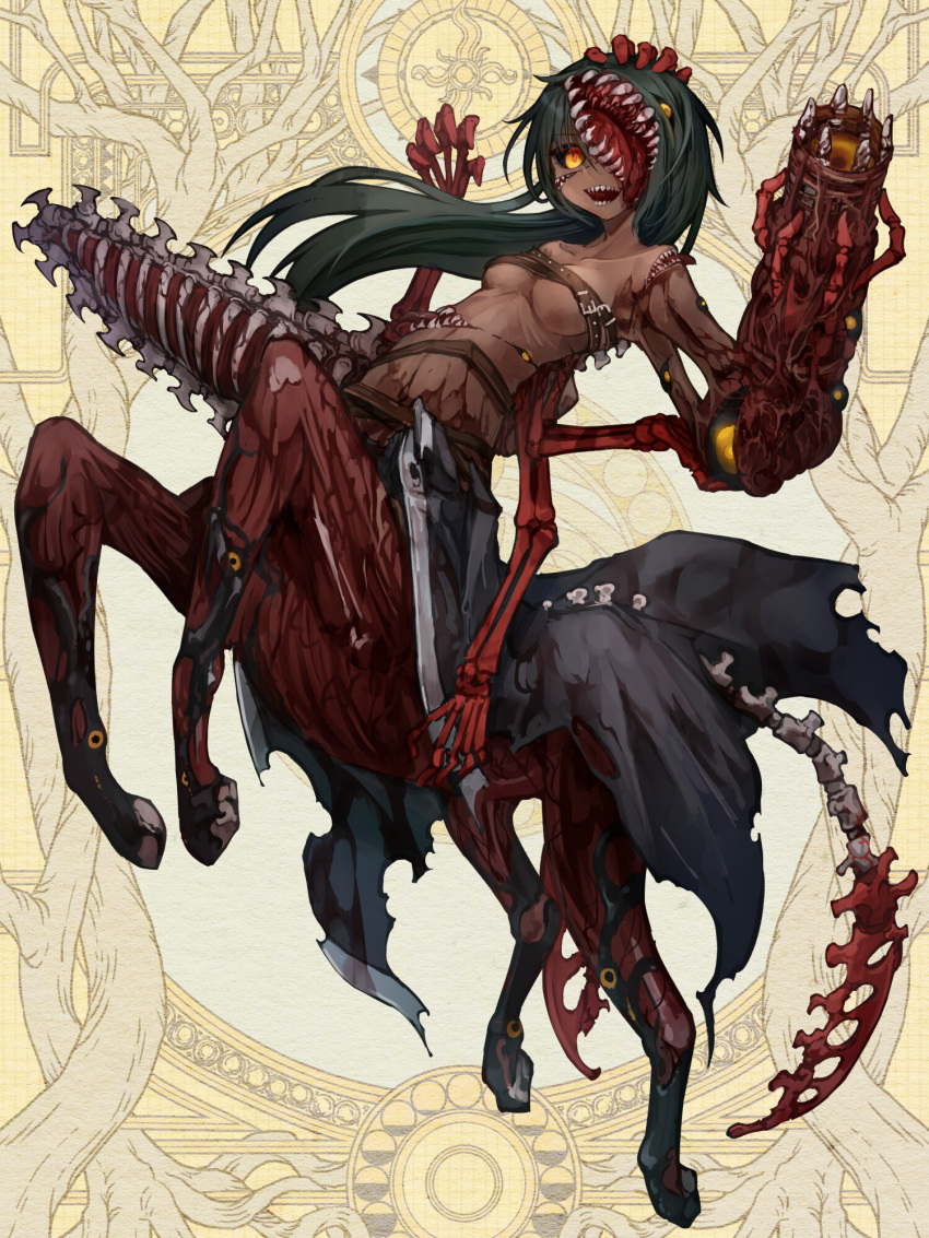 1girl :d arm_cannon belt black_coat black_sclera blood blood_on_arm bone_tail breasts brown_belt centaur chainsaw character_request chest_belt coat collarbone colored_sclera commentary_request dairoku_ryouhei dark-skinned_female dark_green_hair dark_skin exposed_bone exposed_muscle extra_arms extra_eyes extra_mouth full_body hand_on_own_head hands_up highres kajaneko long_hair looking_at_viewer medium_breasts monochrome_background monster_girl open_mouth orange_pupils rearing sharp_teeth skeletal_arm smile solo standing tail taur teeth torn_clothes torn_coat tree weapon yellow_eyes