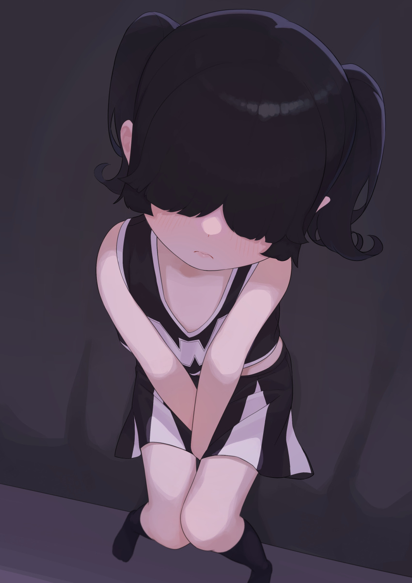 1girl absurdres alternate_costume alternate_hairstyle arms_between_legs bed bedroom black_hair black_shirt black_skirt black_socks blunt_bangs blush cheerleader commentary_request dekasuji from_above frown hair_over_eyes highres indoors knees_together_feet_apart looking_at_viewer lucy_loud multicolored_clothes multicolored_skirt no_shoes pleated_skirt shirt sitting skirt sleeveless sleeveless_shirt socks solo the_loud_house twintails variant_set white_skirt
