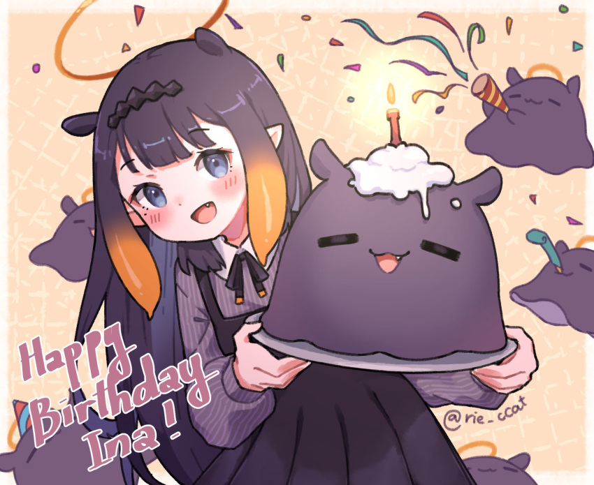 1girl :3 :d artist_name birthday black_dress black_ribbon blunt_bangs blush border brown_background candle center-flap_bangs character_name closed_eyes closed_mouth collared_shirt commentary_request confetti dress eyelashes fang fire gradient_hair halo hands_up happy_birthday hat headpiece highres holding holding_tray hololive hololive_english icing long_hair long_sleeves looking_at_viewer multicolored_hair neck_ribbon ninomae_ina'nis ninomae_ina'nis_(2nd_costume) official_alternate_costume open_mouth orange_hair outside_border party_hat party_horn party_popper pinafore_dress pinstripe_pattern pleated_dress pointy_ears purple_eyes purple_hair purple_shirt ribbon rie_ccat shirt sidelocks simple_background sleeveless sleeveless_dress smile streamers striped striped_shirt takodachi_(ninomae_ina'nis) tentacle_hair tray twitter_username vertical-striped_shirt vertical_stripes very_long_hair virtual_youtuber white_border wing_collar