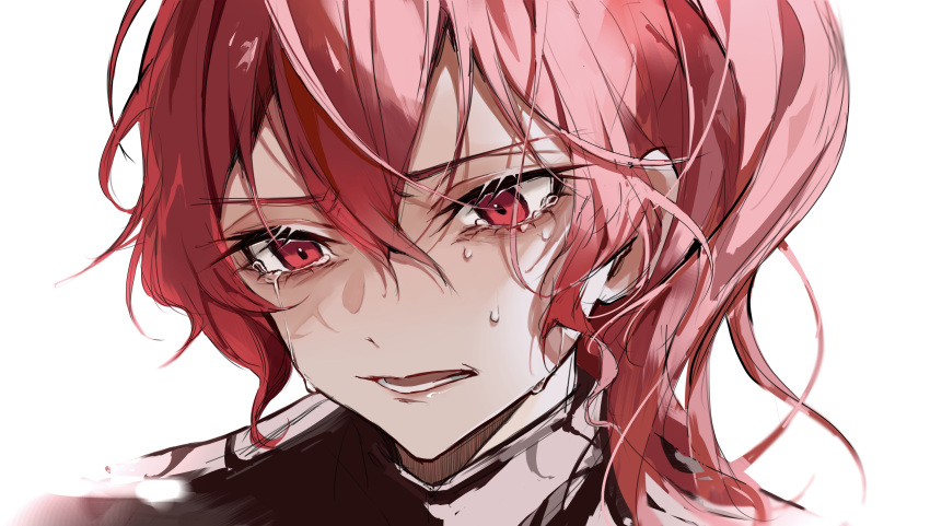1girl absurdres bungou_stray_dogs crying hair_between_eyes highres long_hair looking_down lower_teeth_only military military_uniform okura_teruko_(bungou_stray_dogs) open_mouth portrait red_eyes red_hair sidelocks simple_background solo teardrop tears teeth uniform white_background ya_ta