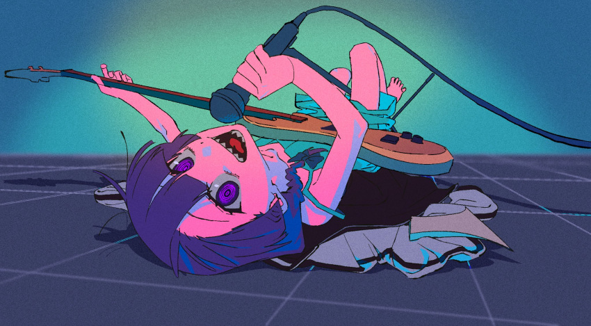 1girl :d bass_guitar black_bow blunt_bangs bocchi_the_rock! bow braid commentary_request full_body hair_bow hair_over_shoulder highres hiroi_kikuri holding holding_instrument instrument jacket long_hair looking_at_viewer lying microphone on_back open_mouth purple_eyes purple_hair ringed_eyes sharp_teeth single_braid smile solo spaghetti_strap teeth terayama_(terra_yama_8383) upside-down