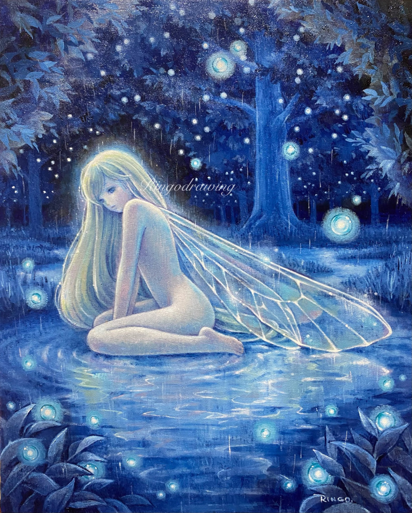 1girl barefoot blonde_hair blue_eyes commentary_request completely_nude fairy fairy_wings flat_chest forest full_body highres leaf long_hair looking_at_viewer nature night nude oil_painting_(medium) original outdoors painting_(medium) parted_lips ringodrawing sitting solo traditional_media tree very_long_hair wariza water wings