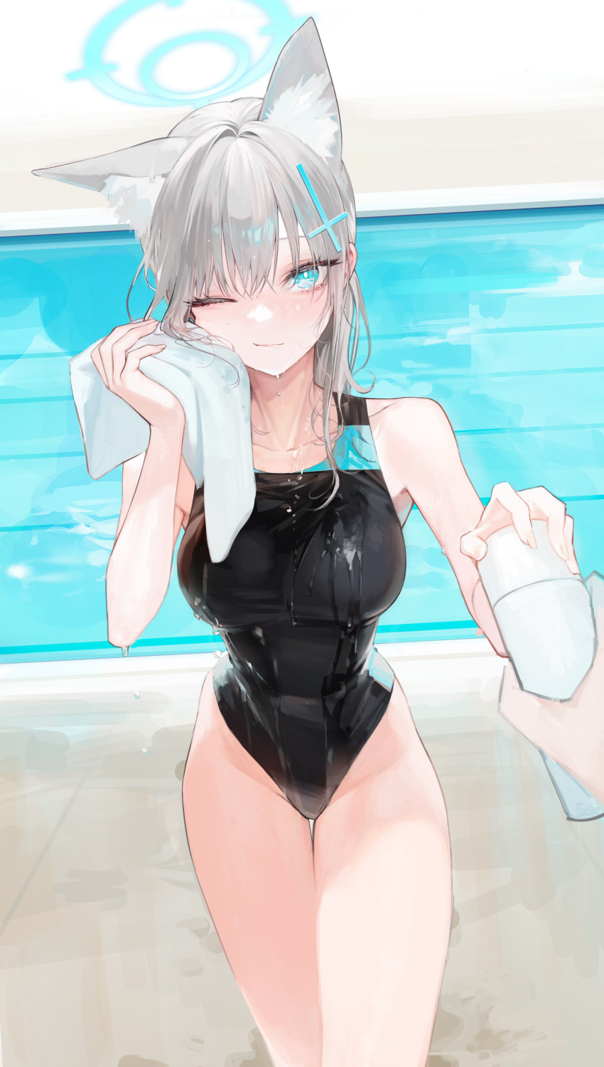 1girl 1other ;) absurdres animal_ear_fluff animal_ears aqua_eyes blue_archive blush bottle breasts collarbone competition_swimsuit extra_ears giving grey_hair groin halo highres holding holding_bottle large_breasts looking_at_viewer official_alternate_costume one-piece_swimsuit one_eye_closed oyabuli pov pov_hands shiroko_(blue_archive) shiroko_(swimsuit)_(blue_archive) smile solo_focus swimsuit tumbler water_drop wet wet_clothes wet_hair wolf_ears