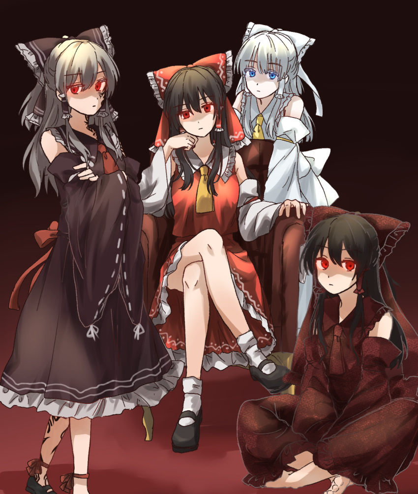 4girls ascot barefoot black_bow black_footwear black_hair black_skirt blue_eyes bow brown_hair closed_mouth commentary_request couch crossed_arms crossed_legs detached_sleeves expressionless frilled_bow frilled_hair_tubes frills glowing glowing_eyes hair_bow hair_tubes hakurei_reimu hand_on_own_face highres honki-reimu long_hair looking_at_viewer m.u.g.e.n maga-reimu mary_janes multiple_girls multiple_persona on_couch onimiko red_ascot red_bow red_eyes red_skirt reimu_tyuki ribbon-trimmed_sleeves ribbon_trim shaded_face shoes sitting skirt skirt_set socks tattoo touhou white-reimu white_bow white_hair white_skirt yellow_ascot