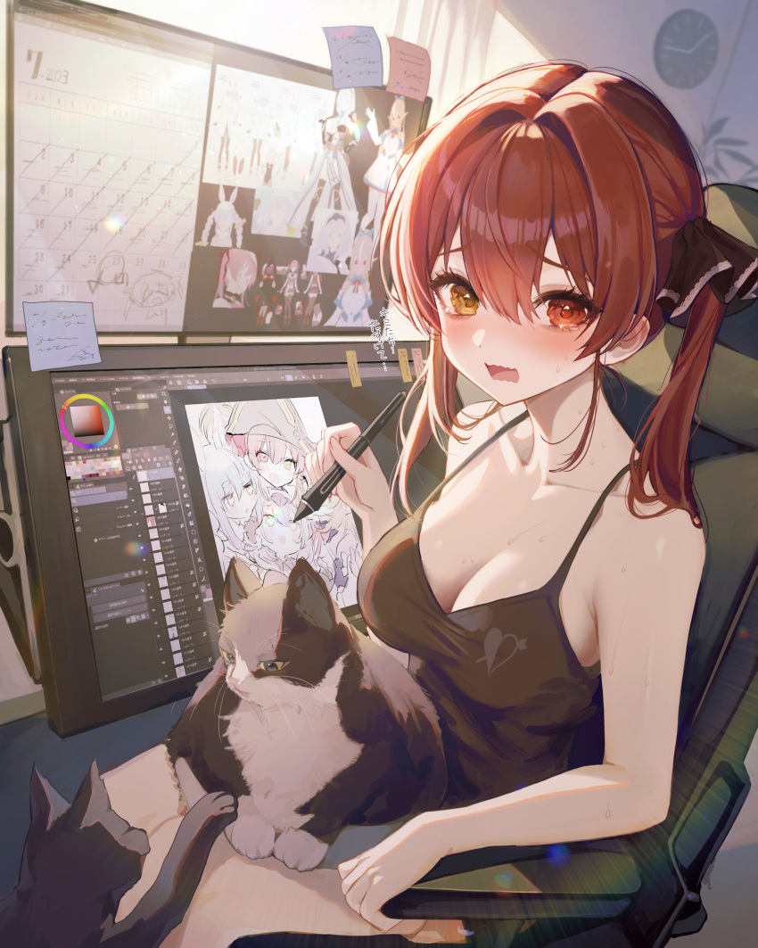 1girl @_@ absurdres black_shirt blush breasts cat chair cleavage clock collarbone drawing_tablet hair_between_eyes hair_ribbon heterochromia highres holding holding_stylus hololive houshou_marine houshou_marine_(1st_costume) indoors kudou_(sikisiki0000) large_breasts long_hair looking_at_viewer office_chair open_mouth red_eyes red_hair ribbon shiranui_flare shiranui_flare_(1st_costume) shirogane_noel shirogane_noel_(1st_costume) shirt sitting sleeveless sleeveless_shirt solo sticky_note stylus sweat swivel_chair tears twintails usada_pekora usada_pekora_(1st_costume) virtual_youtuber wall_clock yellow_eyes