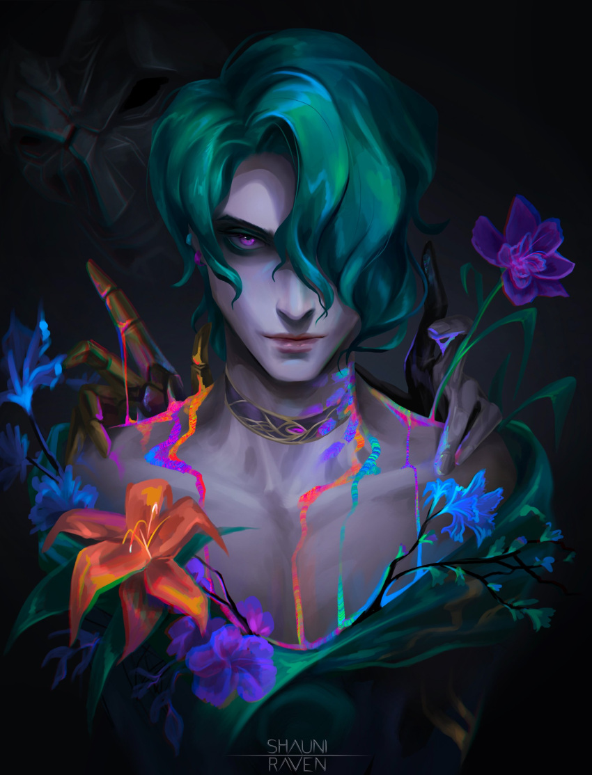2boys absurdres artist_name closed_mouth collarbone earrings flower gradient_background green_hair hair_over_one_eye hand_on_another's_shoulder highres hwei_(league_of_legends) jewelry jhin league_of_legends looking_at_viewer mask multiple_boys orange_flower purple_eyes purple_flower shauniraven simple_background solo_focus upper_body