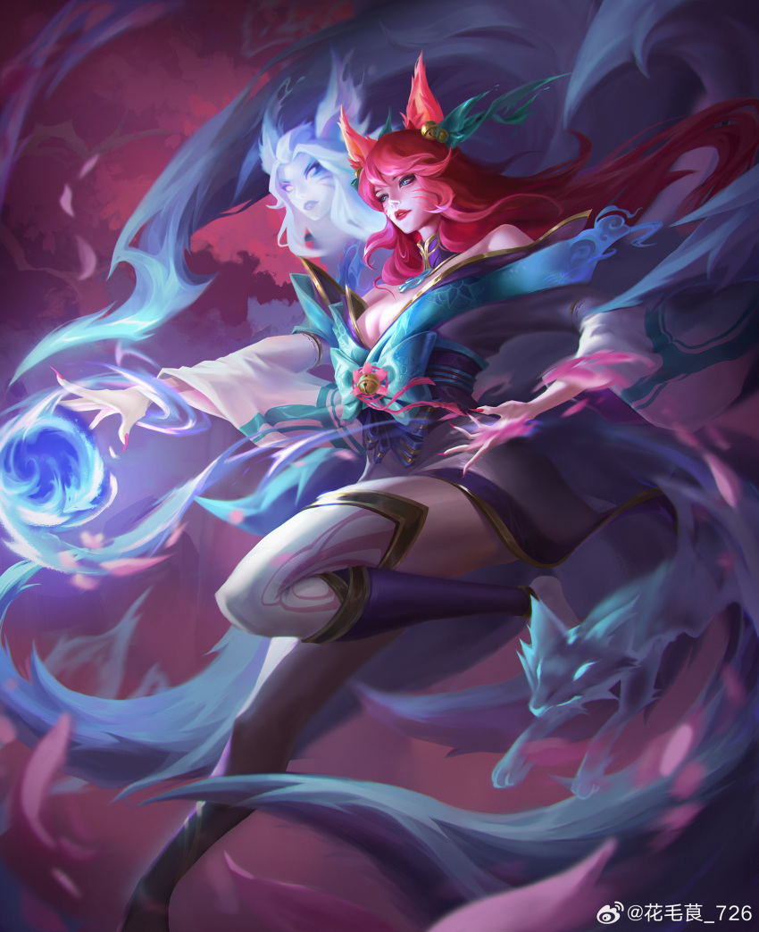 1girl ahri_(league_of_legends) animal_ears artist_name blue_eyes branch breasts chinese_commentary cleavage detached_sleeves energy_ball fingernails fox fox_ears fox_girl fox_tail hair_between_eyes highres large_breasts league_of_legends long_hair long_sleeves looking_ahead multiple_tails nail_polish official_alternate_costume official_alternate_hairstyle outdoors parted_lips petals pink_hair pink_nails pink_petals ranonkel726 rose_petals sharp_fingernails sidelocks solo spirit spirit_blossom_(league_of_legends) spirit_blossom_ahri standing tail tree wide_sleeves