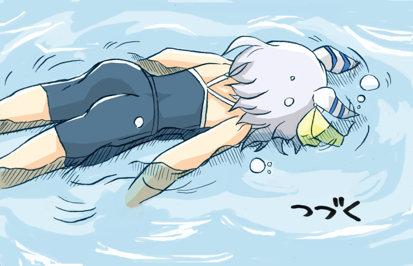 1girl afloat ass blue_one-piece_swimsuit bubble competition_school_swimsuit ear_covers ear_ornament error face_down grey_hair gundam gundam_wing highres hishi_miracle_(umamusume) horse_girl medium_hair no_tail one-piece_swimsuit parody scene_reference school_swimsuit shikararemimi solo swimsuit to_be_continued tracen_swimsuit translated umamusume