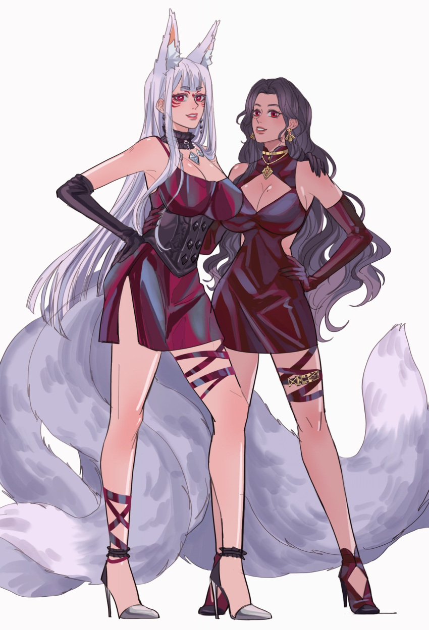 2girls alternate_costume animal_ear_fluff animal_ears black_choker black_corset black_footwear black_gloves blunt_bangs blunt_ends breasts choker commentary corset dress earrings elbow_gloves fox_ears fox_tail frilled_choker frills gloves grey_footwear hair_behind_ear hand_on_another's_shoulder hand_on_another's_waist high_heels highres jewelry large_breasts long_hair looking_at_viewer mole mole_under_eye multiple_girls multiple_tails nijisanji nijisanji_en nina_kosaka official_alternate_hairstyle parted_bangs parted_lips premium_honey red_dress red_eyes red_gloves scarle_yonaguni standing symbol-only_commentary tail tan thigh_strap very_long_hair virtual_youtuber waist_cutout