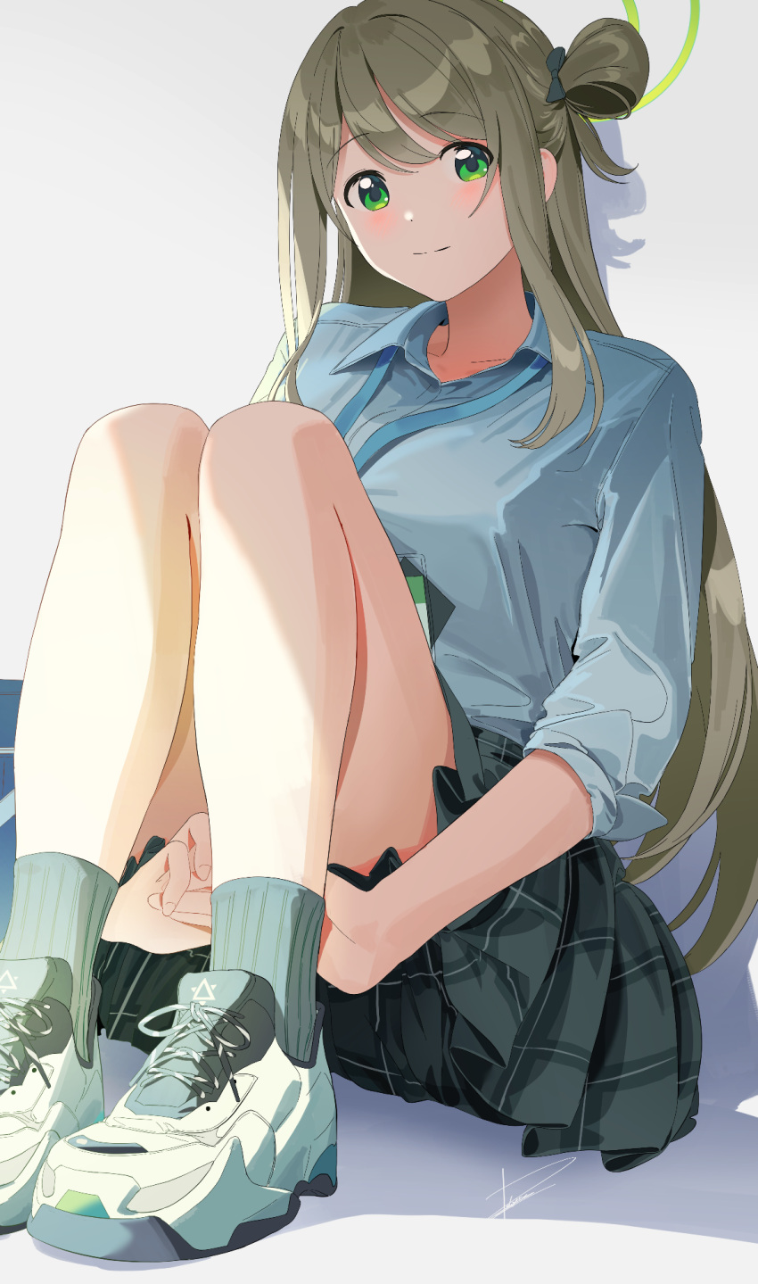 1girl black_skirt black_socks blonde_hair blue_archive blue_shirt blush breasts closed_mouth collared_shirt green_eyes hair_bun halo hands_under_legs highres id_card knees_up lanyard large_breasts legs_together long_hair long_sleeves looking_at_viewer nonomi_(blue_archive) plaid plaid_skirt pleated_skirt poligon_(046) raised_eyebrows shadow shirt shoes sidelocks signature simple_background single_side_bun sitting skirt smile sneakers socks solo straight_hair swept_bangs white_background white_footwear