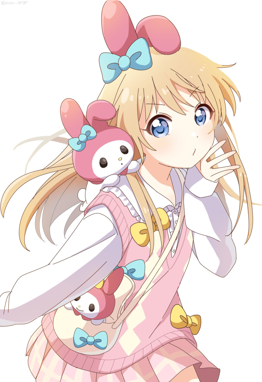 1girl absurdres animal_ears bag blonde_hair blue_bow blue_eyes blush bow collared_shirt commentary_request crossover fake_animal_ears hair_bow hand_up highres long_hair long_sleeves looking_at_viewer my_melody nnn_yryr official_alternate_costume onegai_my_melody pink_skirt pink_vest pleated_skirt rabbit_ears sanrio shirt shoulder_bag simple_background skirt sleeves_past_wrists solo stuffed_animal stuffed_rabbit stuffed_toy sweater_vest toshinou_kyouko v-shaped_eyebrows vest white_background white_shirt yellow_bow