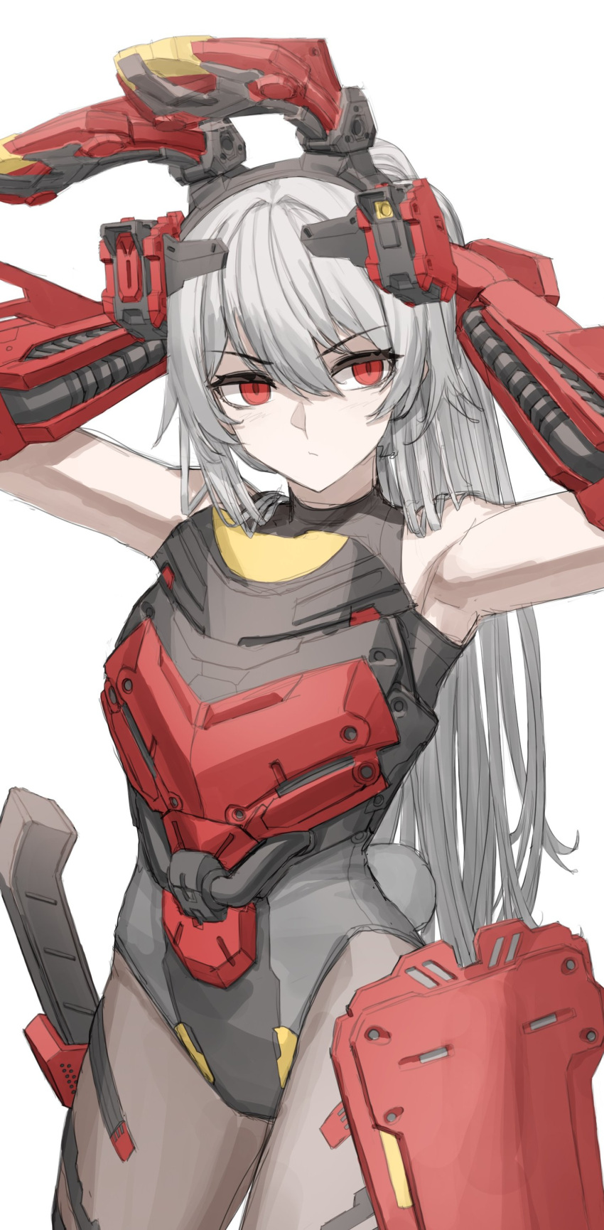 1girl absurdres adjusting_hair bare_shoulders charolic_(girls'_frontline_2) cheogtanbyeong gauntlets girls'_frontline girls'_frontline_2:_exilium grey_hair highres leotard long_hair looking_to_the_side mechanical_ears pantyhose rabbit_tail red_eyes solo tail unfinished very_long_hair