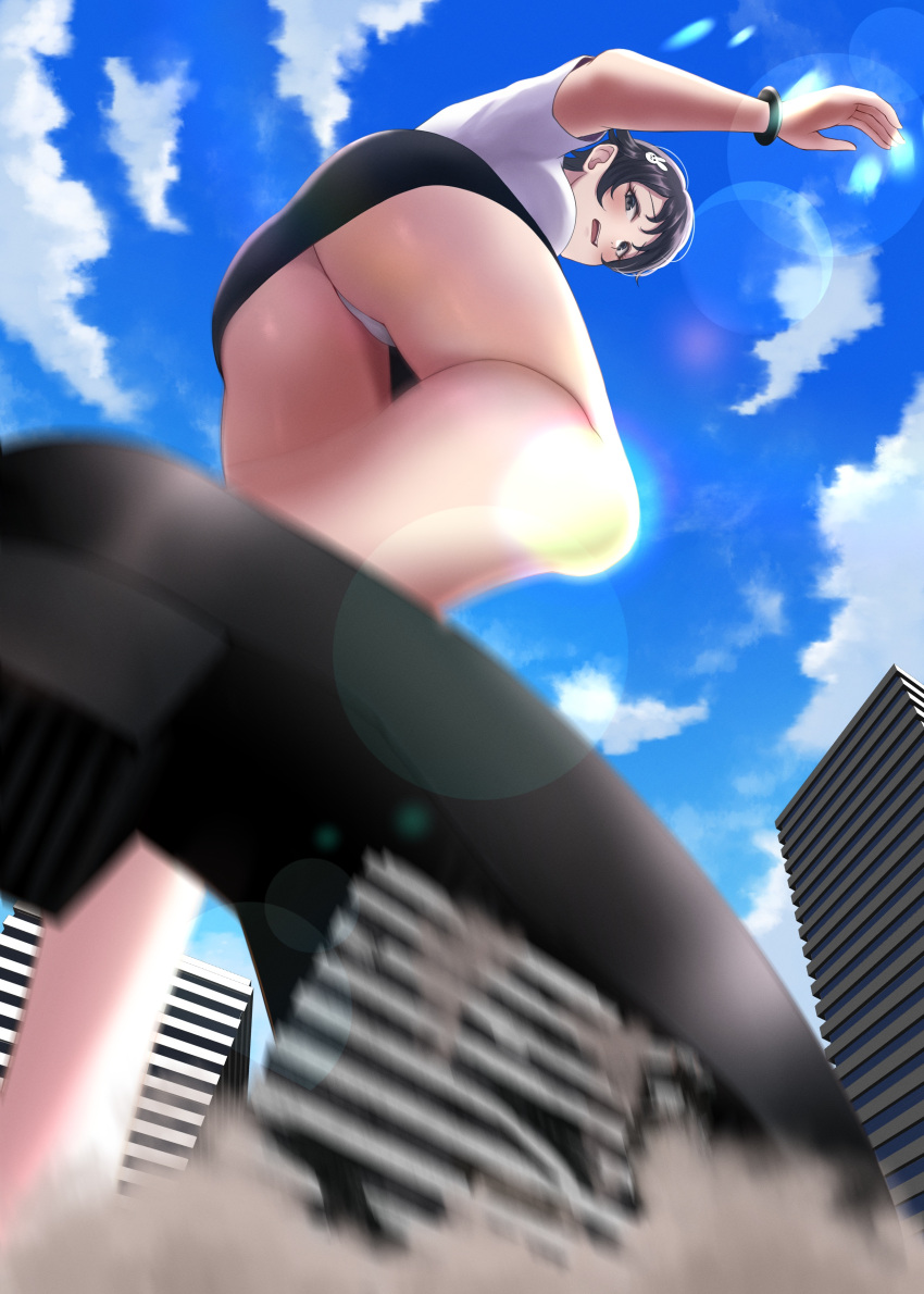 1girl absurdres black_footwear black_skirt blue_sky building city cloud commission destruction giant giantess hair_ornament high_heels highres looking_at_viewer looking_down numaguro_(tomokun0808) office_lady open_mouth original outdoors panties pencil_skirt rabbit_hair_ornament shirt short_sleeves skeb_commission skirt sky solo underwear upskirt white_panties white_shirt