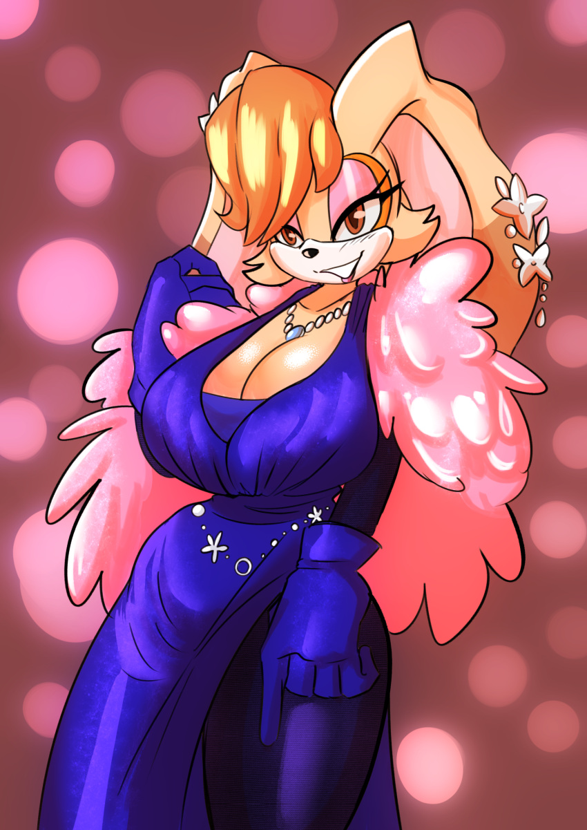 anthro big_breasts blush breasts cleavage clothed clothing dress feather_boa female gloves handwear hi_res jewelry lagomorph leporid looking_at_viewer mammal necklace rabbit sega solo solratic sonic_the_hedgehog_(series) vanilla_the_rabbit wide_hips