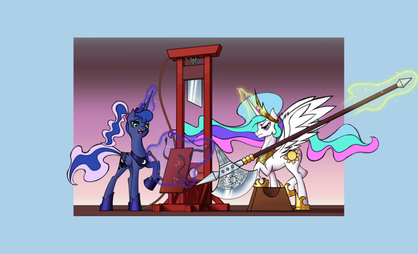 axe chopping_block crown duo equid equine execution executioner female friendship_is_magic guillotine hair hasbro headgear hi_res horn horse magic mamal mammal melee_weapon my_little_pony pony ponytail princess_celestia_(mlp) princess_luna_(mlp) regalia royalty telekinesis unknown_artist weapon winged_unicorn wings