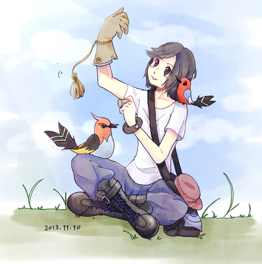 1boy bird black_hair blue_sky calem_(pokemon) dated fletchinder fletchling full_body gloves grass highres kinoko_0801 male_focus pokemon pokemon_(creature) pokemon_(game) pokemon_xy shirt single_glove sitting sky smile white_shirt wings