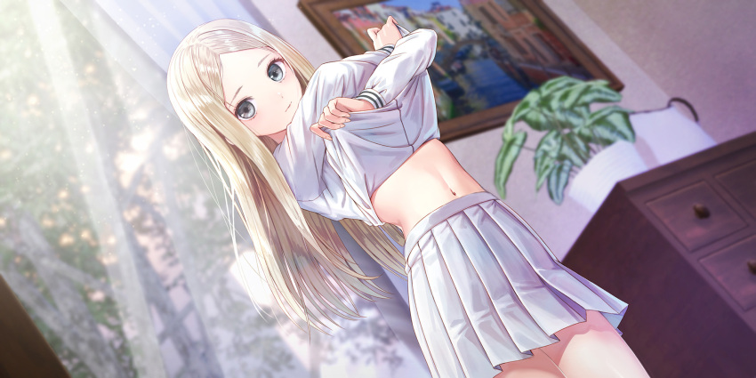 1girl blonde_hair blue_reflection blue_reflection_sun clothes_lift cowboy_shot curtains drawer expressionless game_cg grey_eyes highres indoors kishida_mel lifted_by_self long_hair long_sleeves looking_at_viewer morisaki_alesia_yu navel non-web_source painting_(object) parted_bangs plant pleated_skirt potted_plant school_uniform shirt shirt_lift skirt solo undressing white_shirt