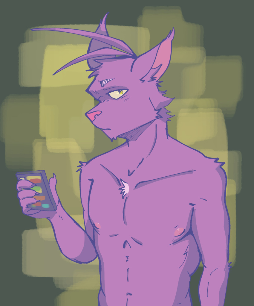 2023 absurd_res anthro athletic athletic_anthro athletic_male chest_tuft claws clothed clothing colored domestic_cat felid feline felis fur hi_res holding_object looking_at_viewer male mammal monotone_body monotone_fur morenatsu nipples pink_nipples pink_nose purple_body purple_fur shin_(morenatsu) solo topless topless_anthro topless_male tuft yellow_eyes yomosuke