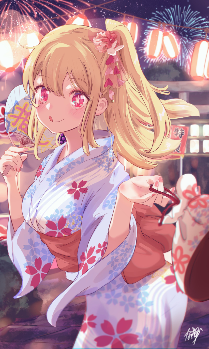 1girl absurdres aerial_fireworks back_bow blonde_hair blue_kimono blurry blurry_background blush bow closed_mouth commentary cowboy_shot fireworks floral_print flower hair_between_eyes hair_flower hair_ornament hand_fan highres holding holding_fan hoshino_ruby japanese_clothes kimono lantern long_hair looking_at_viewer mismatched_pupils nazmocha night night_sky obi one_side_up oshi_no_ko outdoors pink_eyes print_kimono rabbit_hair_ornament red_bow sash sidelocks signature sky smile solo star-shaped_pupils star_(symbol) summer_festival symbol-shaped_pupils tongue tongue_out yukata